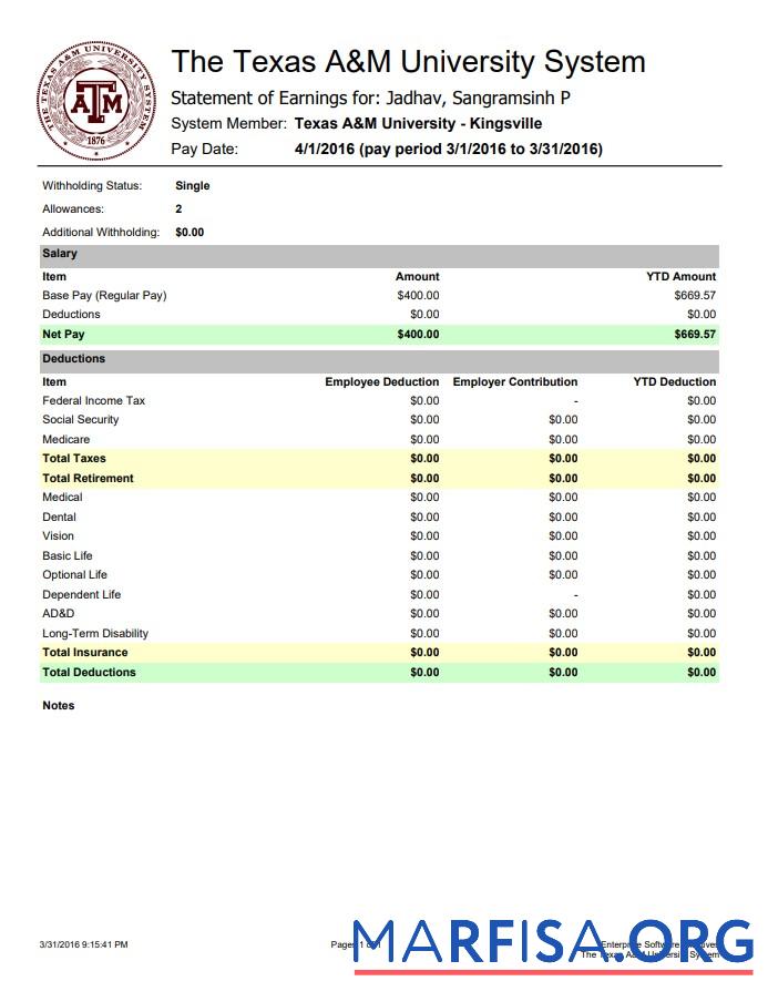 Downloadable The Texas A&M University System Earnings statement real example